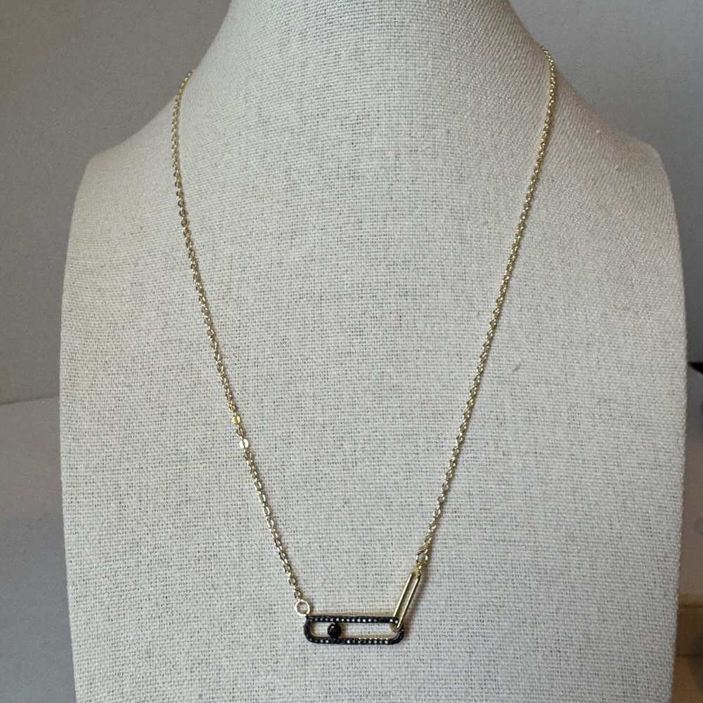 Gold Tone Necklace with Black Rhinestone and Gold Paperclip Accents 18” NWOT